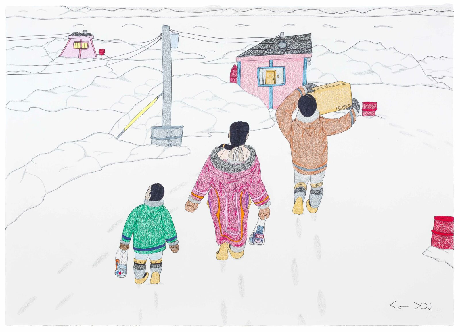 Annie Pootoogook - Family Taking Supplies Home