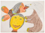 Francoise Oklaga (1924-1991), Qamani'tuaq (Baker Lake)<untitled (woman's head with polar bear/wolverine composition), 1978, color pencil, paper, 22 x 30 in. 
