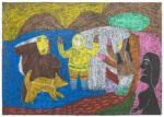 Francoise Oklaga (1924-1991), Qamani'tuaq (Baker Lake)<untitled (four Inuit with a dog), 1982, color pencil, graphite, black paper, 20 x 28 in. 